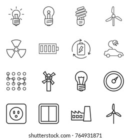 Thin line icon set : bulb, windmill, nuclear, battery, charge, electric car, chip, barometer, power socket, switch, factory