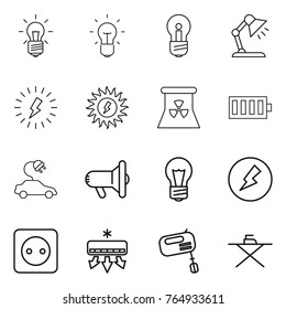 Thin line icon set : bulb, table lamp, lightning, sun power, nuclear, battery, electric car, megafon, electricity, socket, air conditioning, mixer, iron board