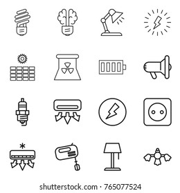 Thin line icon set : bulb, brain, table lamp, lightning, sun power, nuclear, battery, megafon, spark plug, air conditioning, electricity, socket, mixer, floor, hard reach place cleaning