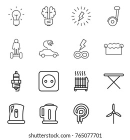Thin line icon set : bulb, brain, lightning, segway, hoverboard, electric car, infinity power, electrostatic, spark plug, socket, radiator, iron board, kettle, elecric oven, windmill