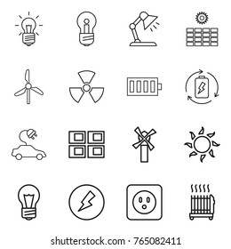 Thin line icon set : bulb, table lamp, sun power, windmill, nuclear, battery, charge, electric car, panel house, electricity, socket, radiator