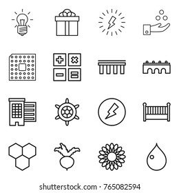 Thin line icon set : bulb, gift, lightning, chemical industry, cpu, calculator, bridge, houses, handwheel, electricity, crib, honeycombs, beet, flower, drop