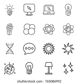 Thin line icon set : bulb, monitor arrow, notebook, atom core, dna, balloon, sun, disco ball, floor lamp, shining