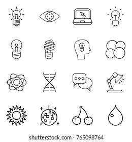 Thin line icon set : bulb, eye, notebook, head, atom core, dna, discussion, table lamp, sun, disco ball, cherry, drop