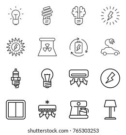 Thin line icon set : bulb, brain, lightning, sun power, nuclear, battery charge, electric car, spark plug, air conditioning, electricity, switch, coffee maker, floor lamp