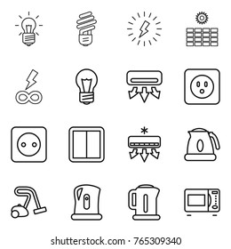 Thin line icon set : bulb, lightning, sun power, infinity, air conditioning, socket, switch, kettle, vacuum cleaner, microwave oven