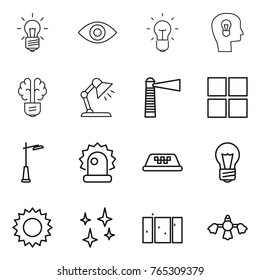 Thin line icon set : bulb, eye, head, brain, table lamp, lighthouse, window, outdoor light, alarm, taxi, sun, shining, clean, hard reach place cleaning