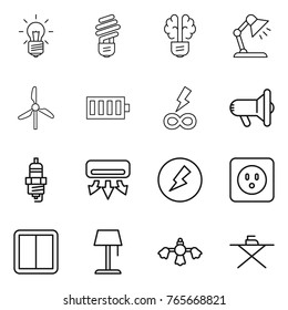 Thin line icon set : bulb, brain, table lamp, windmill, battery, infinity power, megafon, spark plug, air conditioning, electricity, socket, switch, floor, hard reach place cleaning, iron board