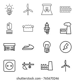 Thin line icon set : bulb, windmill, nuclear power, battery, crystall memory, electrostatic, spark plug, factory, gas station, jet ski, electricity, socket, plow