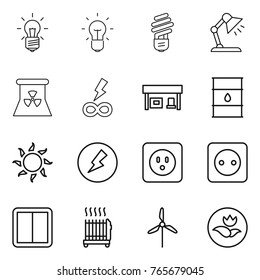 Thin line icon set : bulb, table lamp, nuclear power, infinity, gas station, barrel, sun, electricity, socket, switch, radiator, windmill, ecology