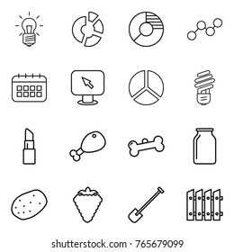 Thin line icon set : bulb, circle diagram, graph, calendar, monitor arrow, lipstick, chicken leg, bone, bank, potato, berry, shovel, fence