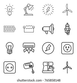 Thin line icon set : bulb, table lamp, lightning, windmill, battery, electrostatic, megafon, spark plug, air conditioning, electricity, power socket, mixer, coffee maker