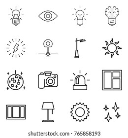 Thin line icon set : bulb, eye, brain, lightning, laser, outdoor light, sun, disco ball, camera, alarm, window, floor lamp, shining