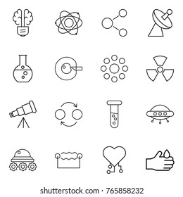Thin line icon set : bulb brain, atom, molecule, satellite antenna, round flask, cell corection, around, nuclear, telescope, quantum bond, vial, ufo, lunar rover, electrostatic, cardio chip, acid
