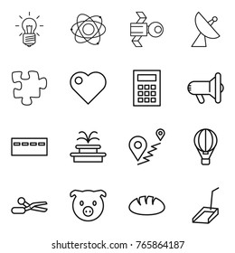 Thin line icon set : bulb, atom, satellite, antenna, puzzle, heart, calculator, megafon, bunker, fountain, route, air ballon, scissors, pig, bread, scoop