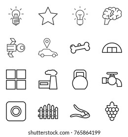 Thin line icon set : bulb, star, brain, satellite, car pointer, bone, hangare, window, factory, heavy, water tap, ring button, fence, walnut crack, grape