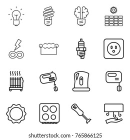 Thin line icon set : bulb, brain, sun power, infinity, electrostatic, spark plug, socket, radiator, mixer, kettle, induction oven, hob, blender, hand dryer