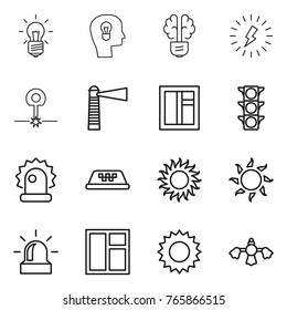 Thin line icon set : bulb, head, brain, lightning, laser, lighthouse, window, traffic light, alarm, taxi, sun, hard reach place cleaning