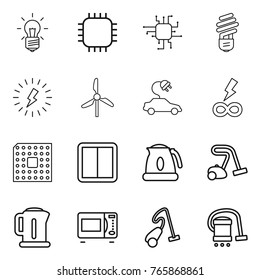 Thin line icon set : bulb, chip, lightning, windmill, electric car, infinity power, cpu, switch, kettle, vacuum cleaner, microwave oven