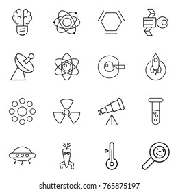 Thin line icon set : bulb brain, atom, hex molecule, satellite, antenna, cell corection, rocket, round around, nuclear, telescope, vial, ufo, dna modify, thermometer, viruses