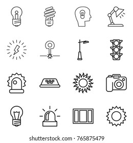 Thin line icon set : bulb, head, table lamp, lightning, laser, outdoor light, traffic, alarm, taxi, sun, camera, window
