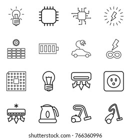 Thin line icon set : bulb, chip, lightning, sun power, battery, electric car, infinity, cpu, air conditioning, socket, kettle, vacuum cleaner