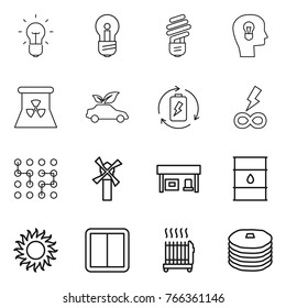 Thin line icon set : bulb, head, nuclear power, eco car, battery charge, infinity, chip, windmill, gas station, barrel, sun, switch, radiator, pancakes