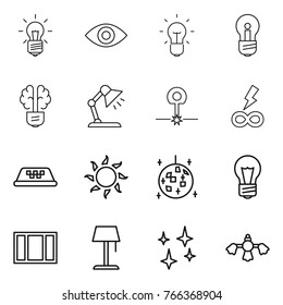 Thin line icon set : bulb, eye, brain, table lamp, laser, infinity power, taxi, sun, disco ball, window, floor, shining, hard reach place cleaning