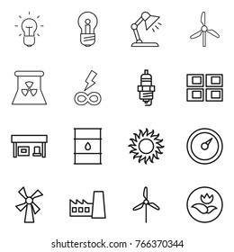 Thin line icon set : bulb, table lamp, windmill, nuclear power, infinity, spark plug, panel house, gas station, barrel, sun, barometer, factory, ecology