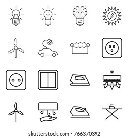 Thin line icon set : bulb, brain, sun power, windmill, electric car, electrostatic, socket, switch, iron, air conditioning, hand dryer, board