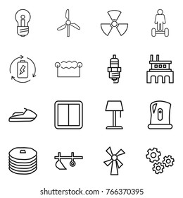 Thin line icon set : bulb, windmill, nuclear, hoverboard, battery charge, electrostatic, spark plug, factory, jet ski, power switch, floor lamp, kettle, pancakes, plow, gears