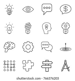 Thin line icon set : bulb, eye, message, money, head, brain, gear, discussion, target, chip, puzzle, singlepost, draw compass