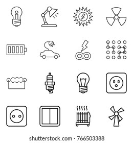 Thin line icon set : bulb, table lamp, sun power, nuclear, battery, electric car, infinity, chip, electrostatic, spark plug, socket, switch, radiator, windmill