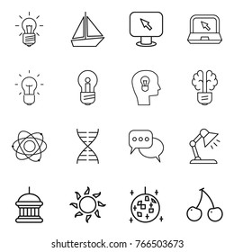Thin line icon set : bulb, boat, monitor arrow, notebook, head, brain, atom, dna, discussion, table lamp, goverment house, sun, disco ball, cherry