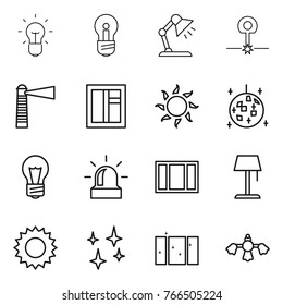 Thin line icon set : bulb, table lamp, laser, lighthouse, window, sun, disco ball, alarm, floor, shining, clean, hard reach place cleaning