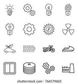 Thin line icon set : bulb, gear, brain, sun power, nuclear, eco car, battery, motorcycle, jet ski, switch, pancakes, gears, factory