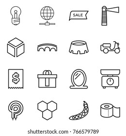 Thin line icon set : bulb, globe connect, sale, lighthouse, 3d, bridge, stadium, scooter shipping, tax, hi quality package, mirror, kitchen scales, elecric oven, honeycombs, peas, toilet paper