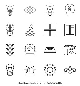 Thin line icon set : bulb, eye, head, brain, infinity power, window, traffic light, alarm, taxi, camera, sun, hard reach place cleaning