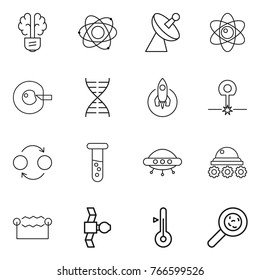 Thin line icon set : bulb brain, atom, satellite antenna, cell corection, dna, rocket, laser, quantum bond, vial, ufo, lunar rover, electrostatic, thermometer, viruses