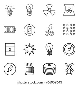 Thin line icon set : bulb, nuclear, power, battery, charge, infinity, chip, barrel, sun, barometer, electricity, radiator, pancakes, windmill