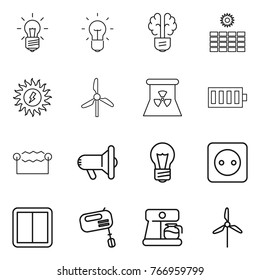 Thin line icon set : bulb, brain, sun power, windmill, nuclear, battery, electrostatic, megafon, socket, switch, mixer, coffee maker