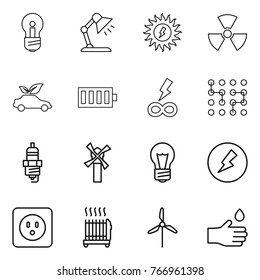Thin line icon set : bulb, table lamp, sun power, nuclear, eco car, battery, infinity, chip, spark plug, windmill, electricity, socket, radiator, hand drop