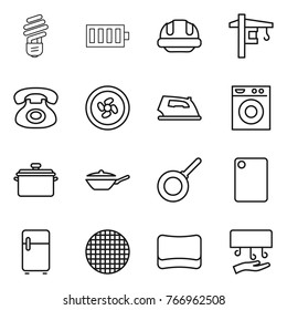 Thin line icon set : bulb, battery, building helmet, tower crane, phone, cooler fan, iron, washing machine, pan, cutting board, fridge, sieve, sponge, hand dryer