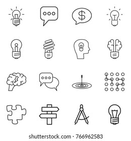 Thin line icon set : bulb, message, money, head, brain, discussion, target, chip, puzzle, singlepost, draw compass