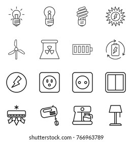 Thin line icon set : bulb, sun power, windmill, nuclear, battery, charge, electricity, socket, switch, air conditioning, mixer, coffee maker, floor lamp