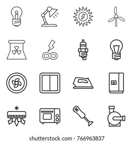 Thin line icon set : bulb, table lamp, sun power, windmill, nuclear, infinity, spark plug, cooler fan, switch, iron, fridge, air conditioning, grill oven, blender, water pump