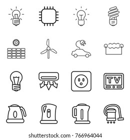 Thin line icon set : bulb, chip, sun power, windmill, electric car, electrostatic, air conditioning, socket, tv, kettle, vacuum cleaner