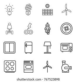 Thin line icon set : bulb, sun power, windmill, hoverboard, infinity, spark plug, cooler fan, switch, fridge, floor lamp, grill oven, hob, water pump