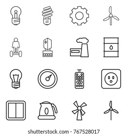 Thin line icon set : bulb, gear, windmill, hoverboard, crystall memory, factory, barrel, barometer, remote control, power socket, switch, kettle