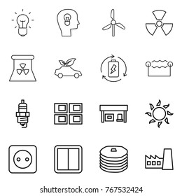Thin line icon set : bulb, head, windmill, nuclear, power, eco car, battery charge, electrostatic, spark plug, panel house, gas station, sun, socket, switch, pancakes, factory